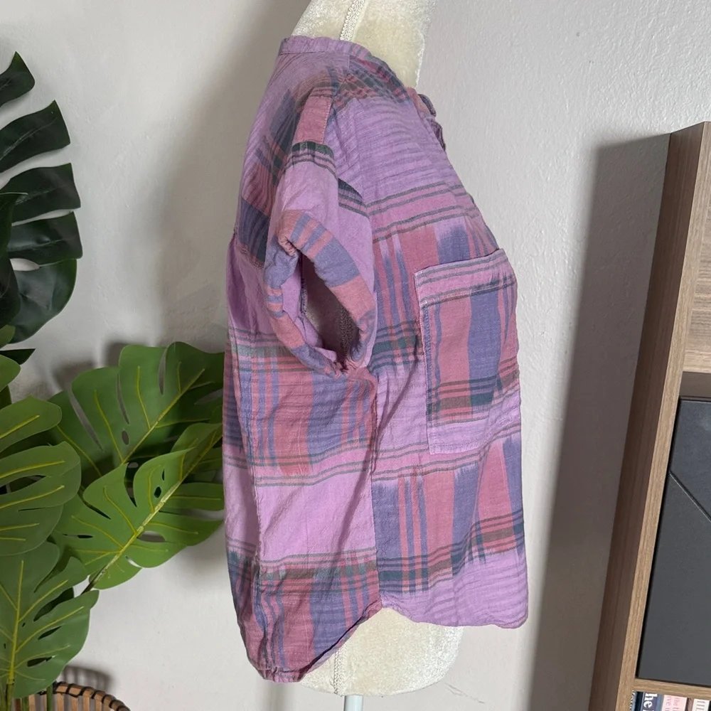 Anthropologie Pilcro Plaid Purple and Pink popover short sleeve Women's Top - Picture 3 of 7